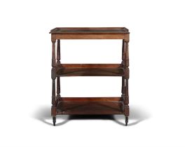 A MAHOGANY WHAT-NOT, LATE 19TH/EARLY 20TH CENTURY, the three-quarter low galleried top above