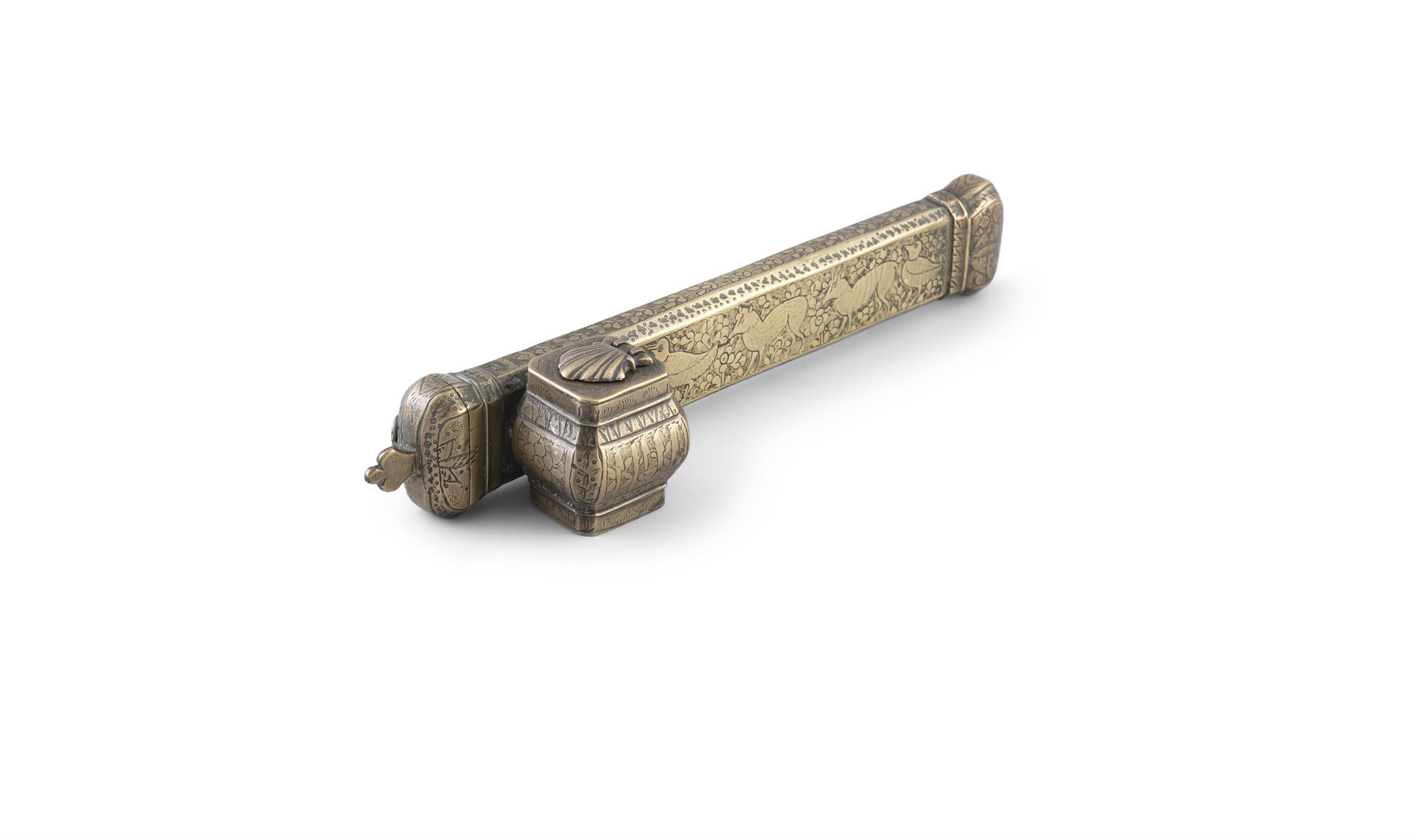 A PERSIAN ENGRAVED BRASS QUALDAMA (PEN BOX), 19th century, of oblong shape, applied with lidded