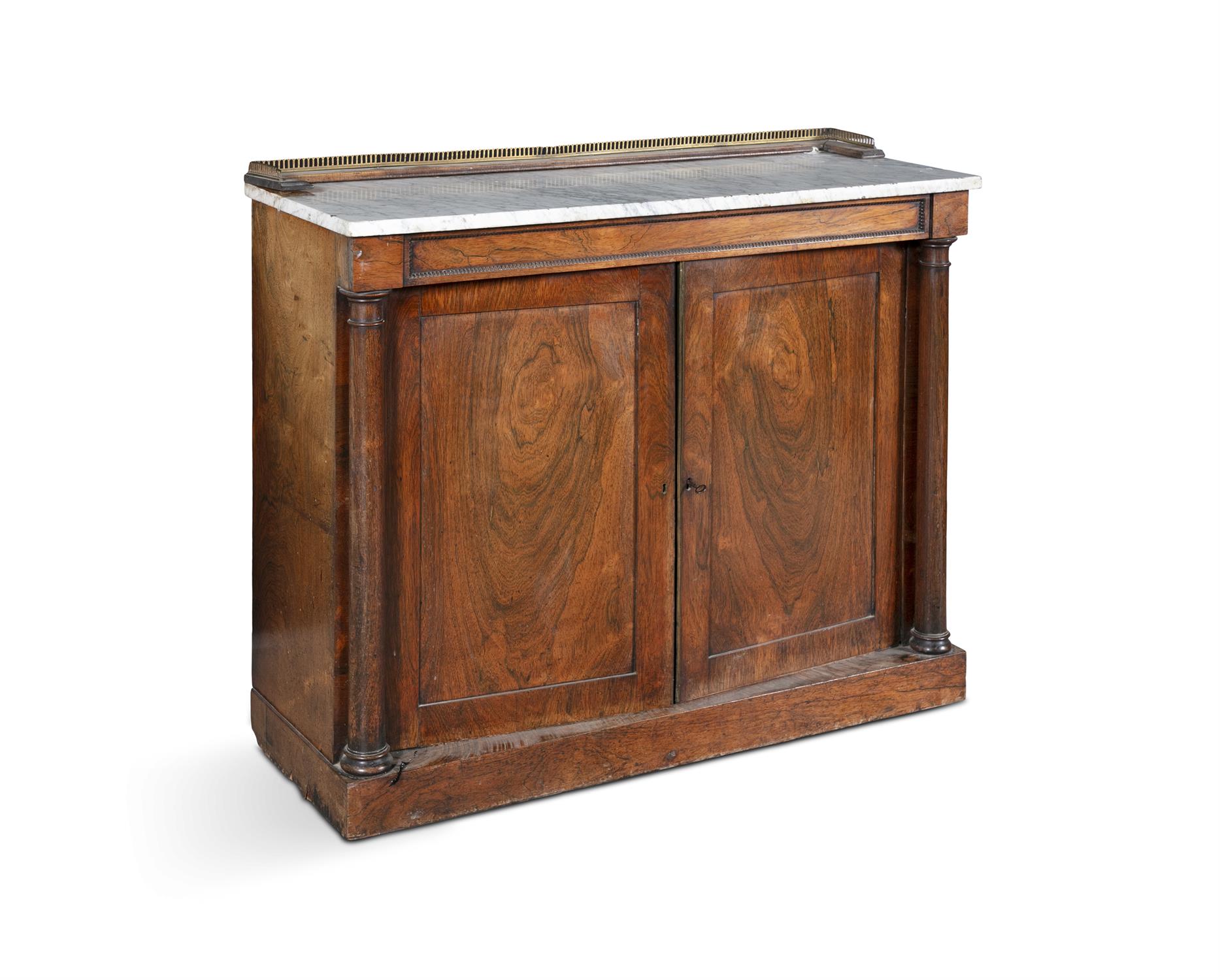 A WILLIAM IV FIGURED ROSEWOOD SIDE CABINET, C.1830, the white marble top with three quarter - Image 2 of 9