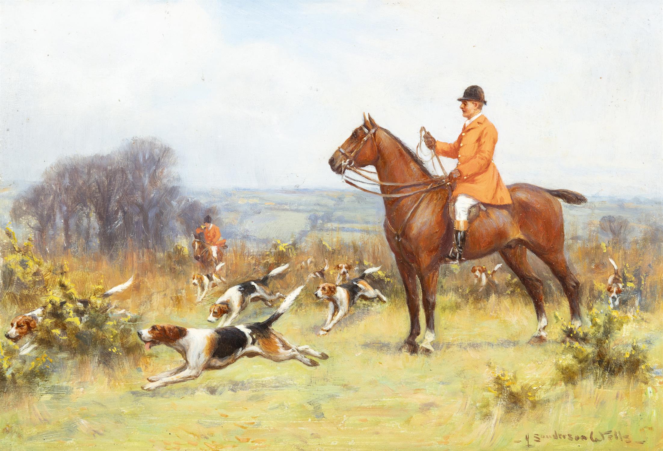 JOHN SANDERSON WELLS R.I. (1872-1955) ‘Found’, a hunting scene Oil on panel 16 x 23. - Image 2 of 5