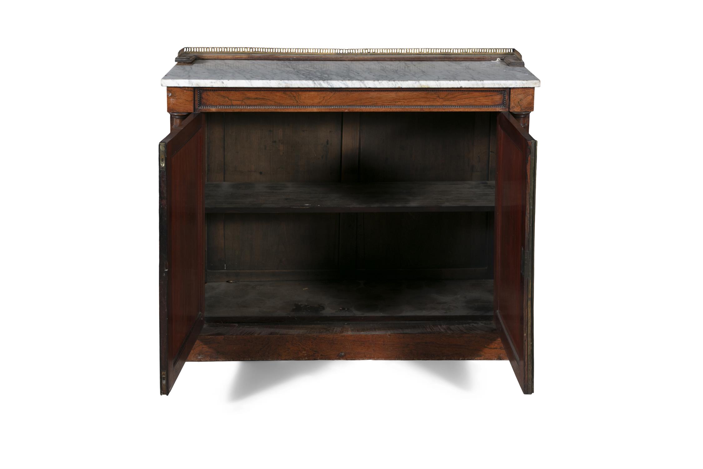 A WILLIAM IV FIGURED ROSEWOOD SIDE CABINET, C.1830, the white marble top with three quarter - Image 4 of 9