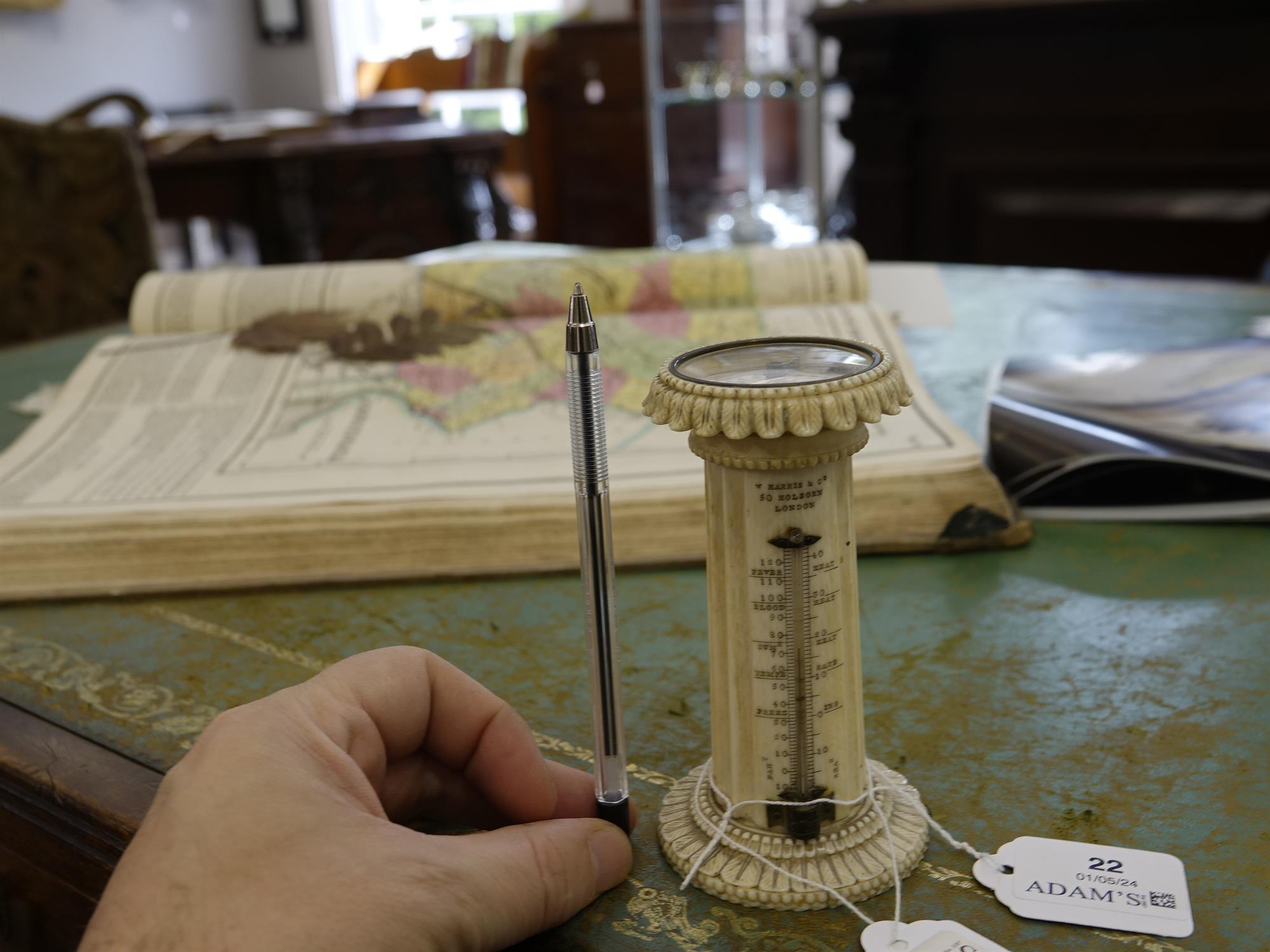 *AN IVORY PEDESTAL DESK THERMOMETER & COMPASS, BY HARRIS & CO, HOLBORN, LONDON in form of fluted - Image 8 of 11