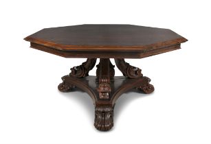 A VICTORIAN ROSEWOOD OCTAGONAL BREAKFAST TABLE, with stepped moulded rim, on carved scroll