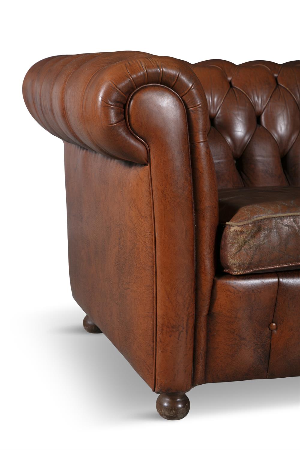 A CHESTERFIELD BUTTON BACK THREE SEATER SOFA, upholstered in brown leather with scroll-end - Image 3 of 18