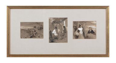ERSKINE NICOL (1825-1904) Three studies of rural scenes Monochrome and watercolour heightened