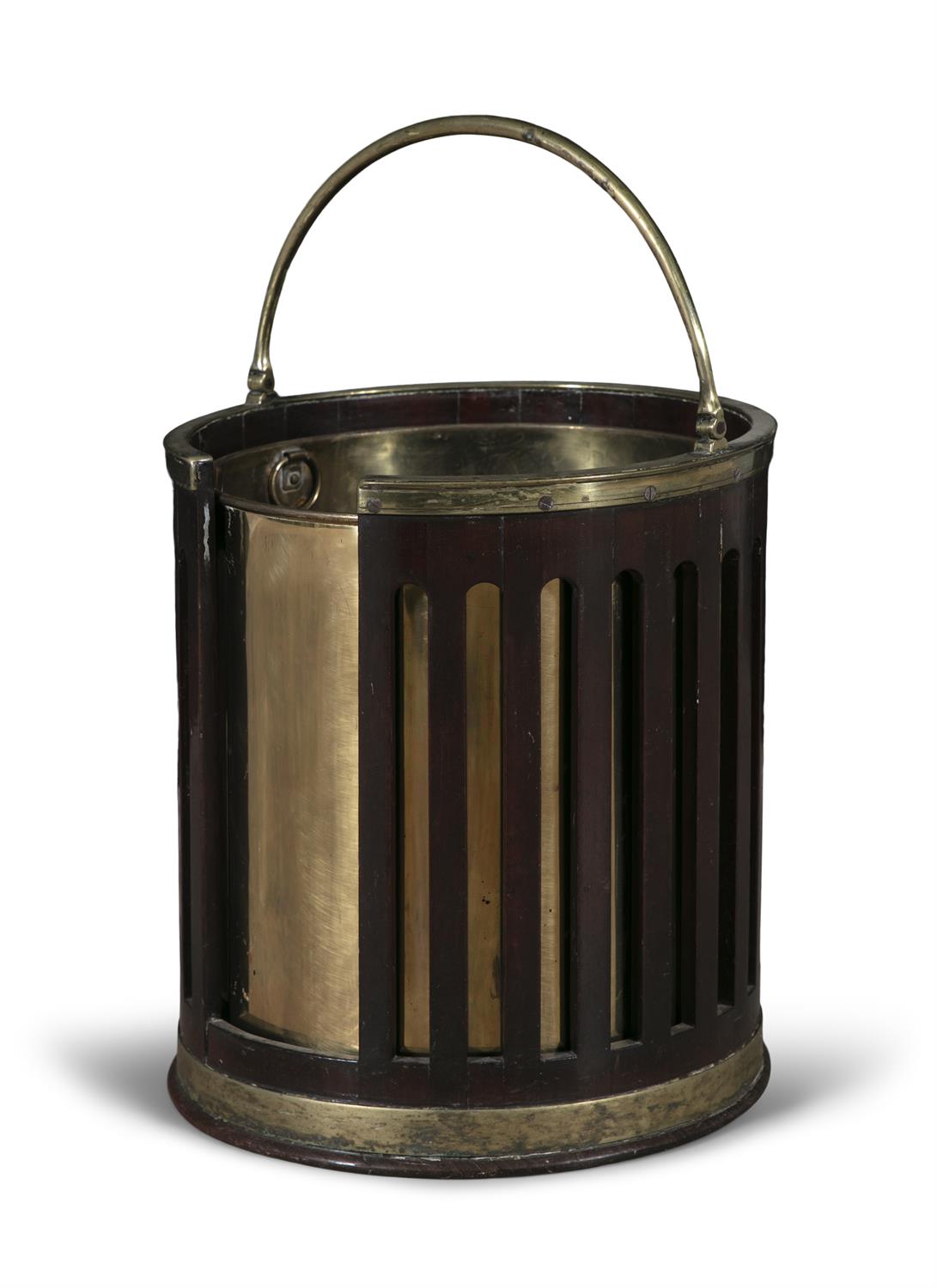 A PAIR OF GEORGE III MAHOGANY AND BRASS BOUND PLATE BUCKETS with arched swing handle and - Image 3 of 4