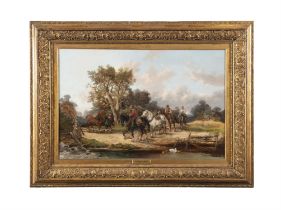 ALEXIS DE LEEUW (1822 - 1900) Landscape with farm workers and horses Oil on canvas, 60.