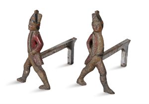 A PAIR OF AMERICAN POLYCHROME PAINTED CAST IRON HESSIAN SOLDIER FORM ANDIRONS, 19TH CENTURY each