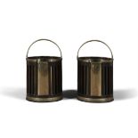 A PAIR OF GEORGE III MAHOGANY AND BRASS BOUND PLATE BUCKETS with arched swing handle and