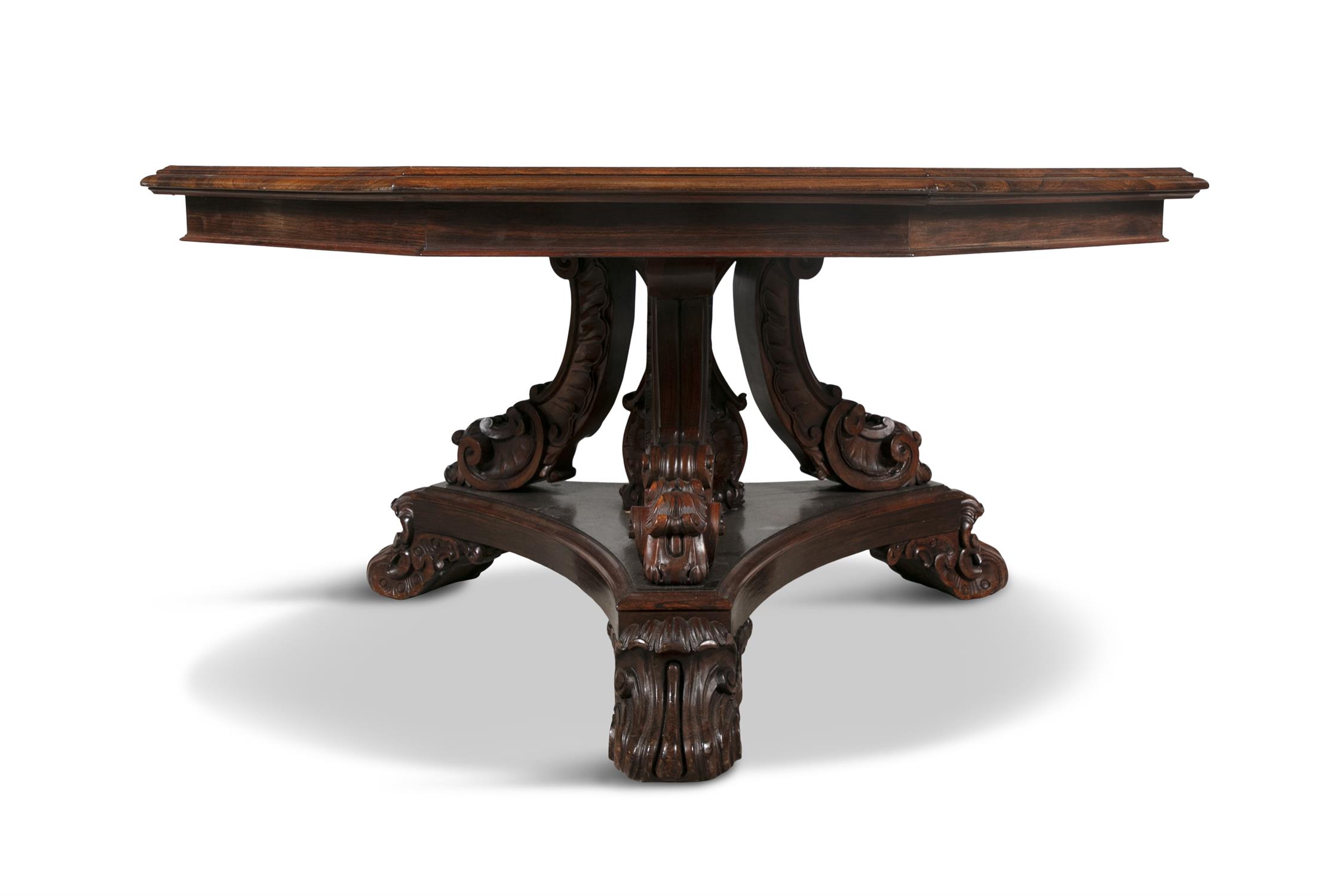 A VICTORIAN ROSEWOOD OCTAGONAL BREAKFAST TABLE, with stepped moulded rim, on carved scroll - Image 2 of 14