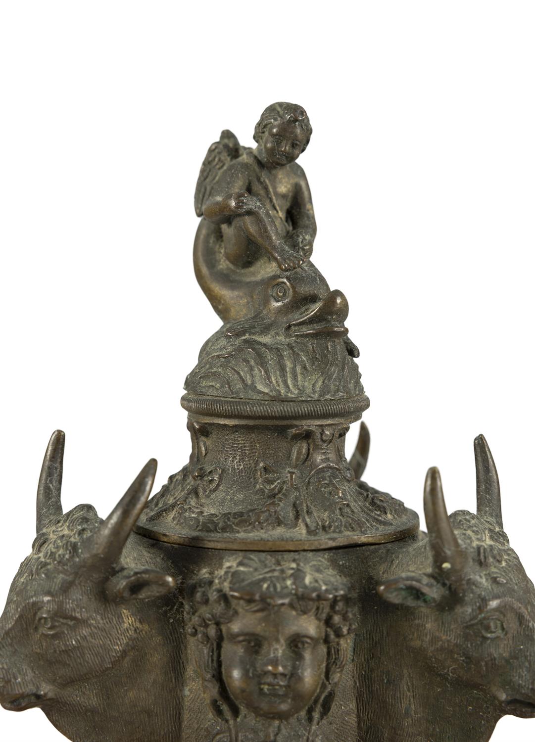 A GRAND TOUR BRONZE INKPOT AND COVER, 19TH CENTURY the cover surmounted by cupid riding a - Image 2 of 7