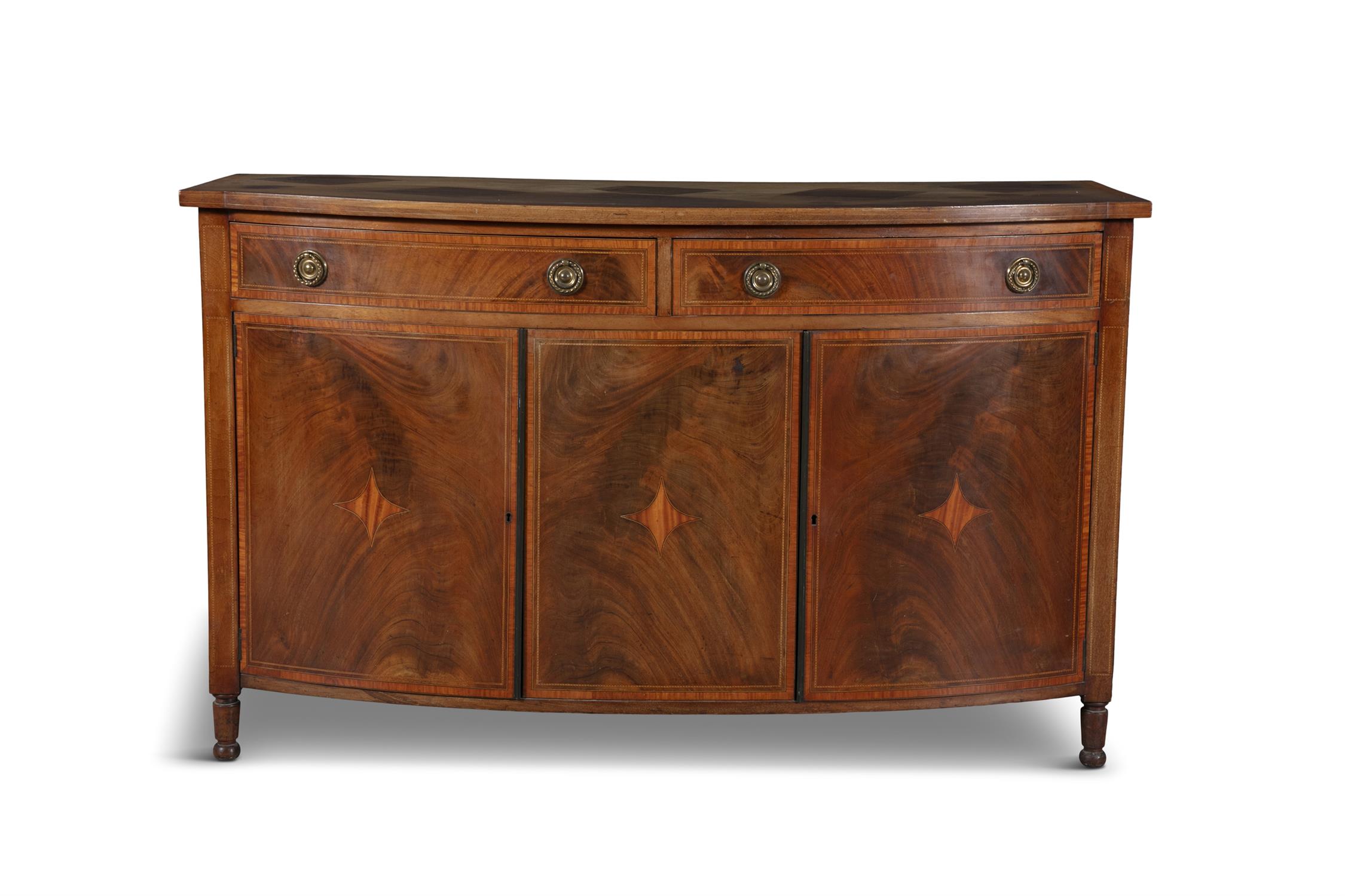 A GEORGE III STYLE MAHOGANY, SATINWOOD AND CROSSBANDED SIDE CABINET, LATE 19TH CENTURY,