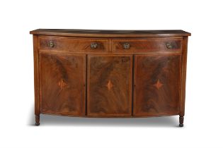 A GEORGE III STYLE MAHOGANY, SATINWOOD AND CROSSBANDED SIDE CABINET, LATE 19TH CENTURY,