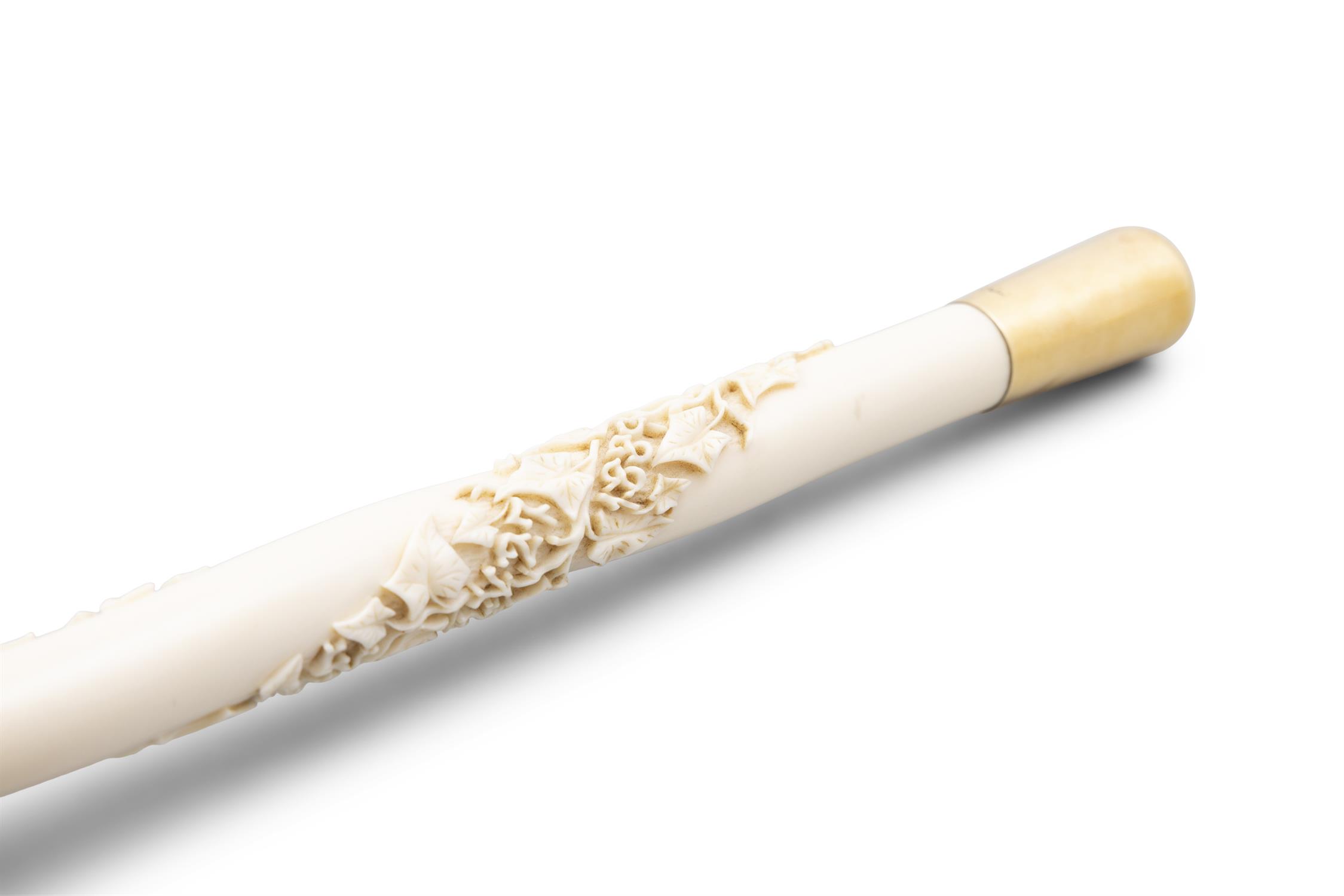 *A VICTORIAN UMBRELLA WITH IVORY CARVED HANDLE, the handle carved with vine leaves and - Image 2 of 10