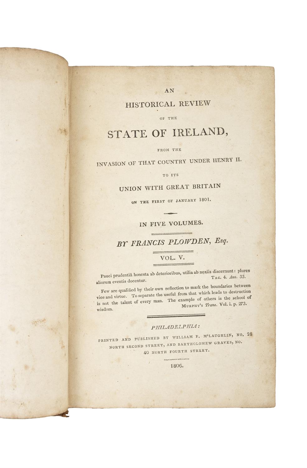 PLOWDEN, Francis: An Historical Review of The State of Ireland [5 vols.] Philadelphia (William - Image 3 of 4