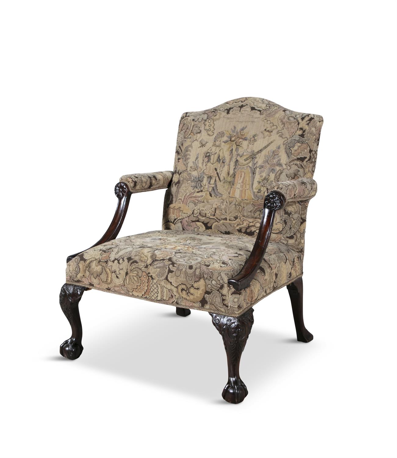 A GEORGE III MAHOGANY FRAMED GAINSBOROUGH ARMCHAIR the arched padded back and seat covered in a - Image 2 of 6