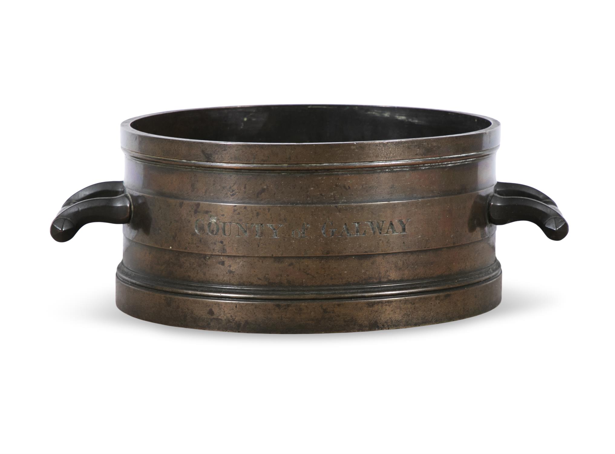 A BRONZE IMPERIAL PECK MEASURE - 'COUNTY OF GALWAY' C.1830 of cylindrical form with twin side