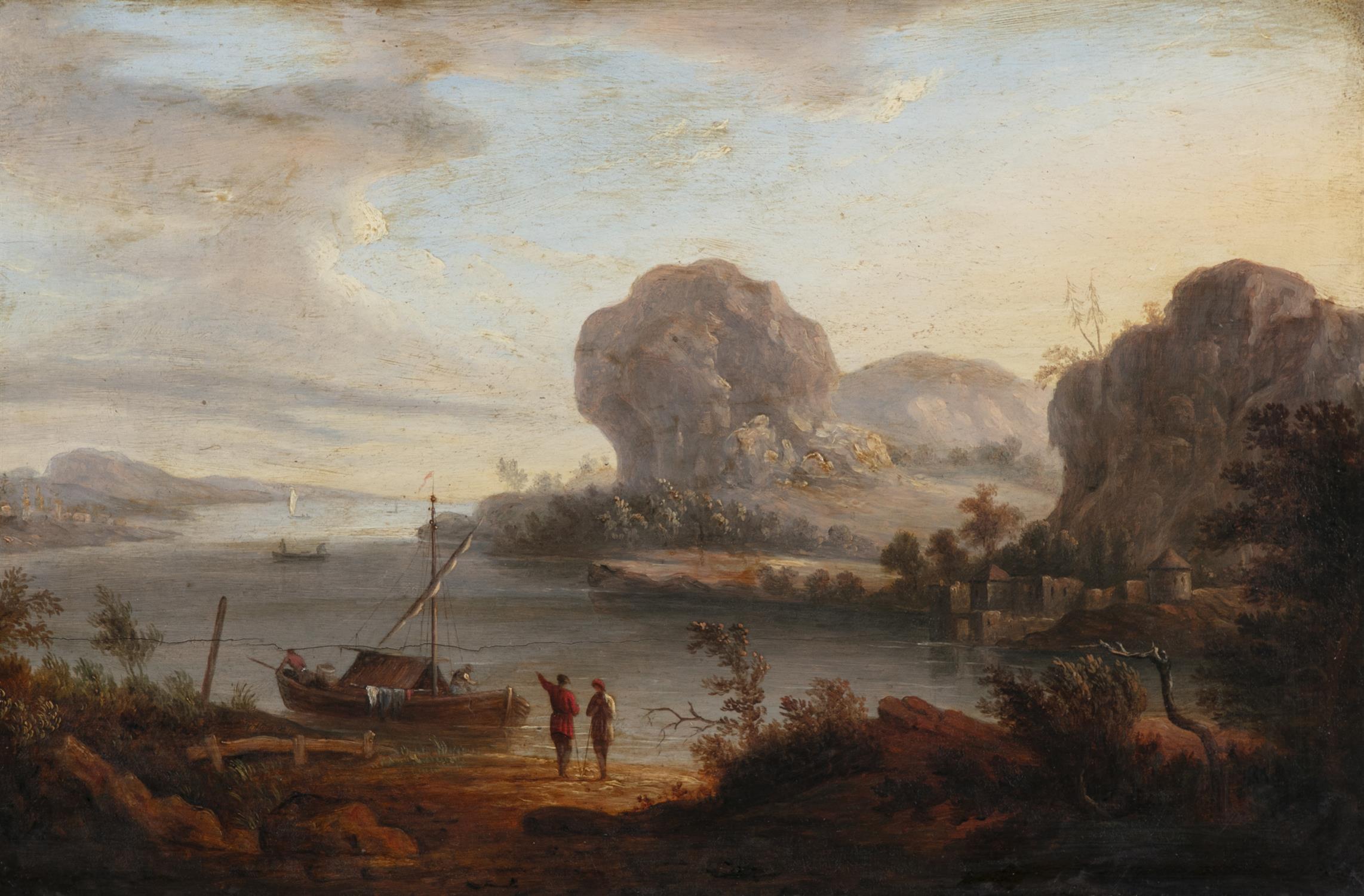 MANNER OF CLAUDE VERNET 18TH CENTURY Figures at a coastal inlet Oil on panel, 27 x 41cm - Image 2 of 3
