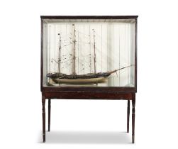 A LARGE FULL HULL THREE-MAST SHIP MODEL, LATE 19TH CENTURY contained within a glazed case,