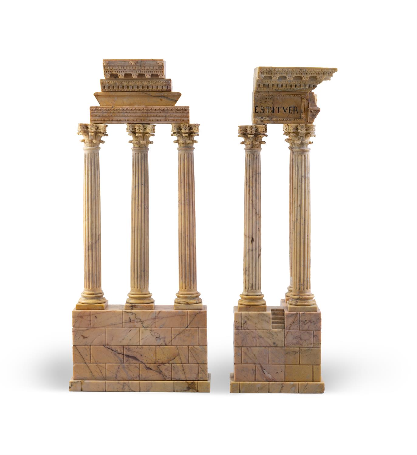 TWO ITALIAN 'GRAND TOUR' SIENA MARBLE CARVED MODELS OF THE RUINS OF THE TEMPLE OF CASTOR AND POLLUX - Image 2 of 5