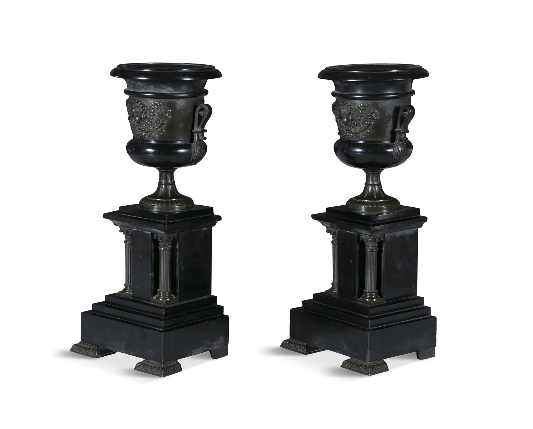 A PAIR OF LATE VICTORIAN BRONZED BLACK MARBLE URNS OF CLASSICAL FORM, 36.5cm high - Image 2 of 3