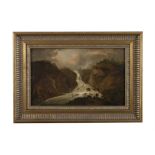 WILLIAM SADLER II (1782-1839) Figures by Powerscourt Waterfall Oil on board, 19 x 30.5cm