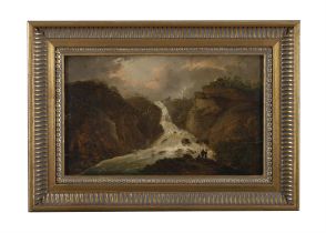 WILLIAM SADLER II (1782-1839) Figures by Powerscourt Waterfall Oil on board, 19 x 30.5cm