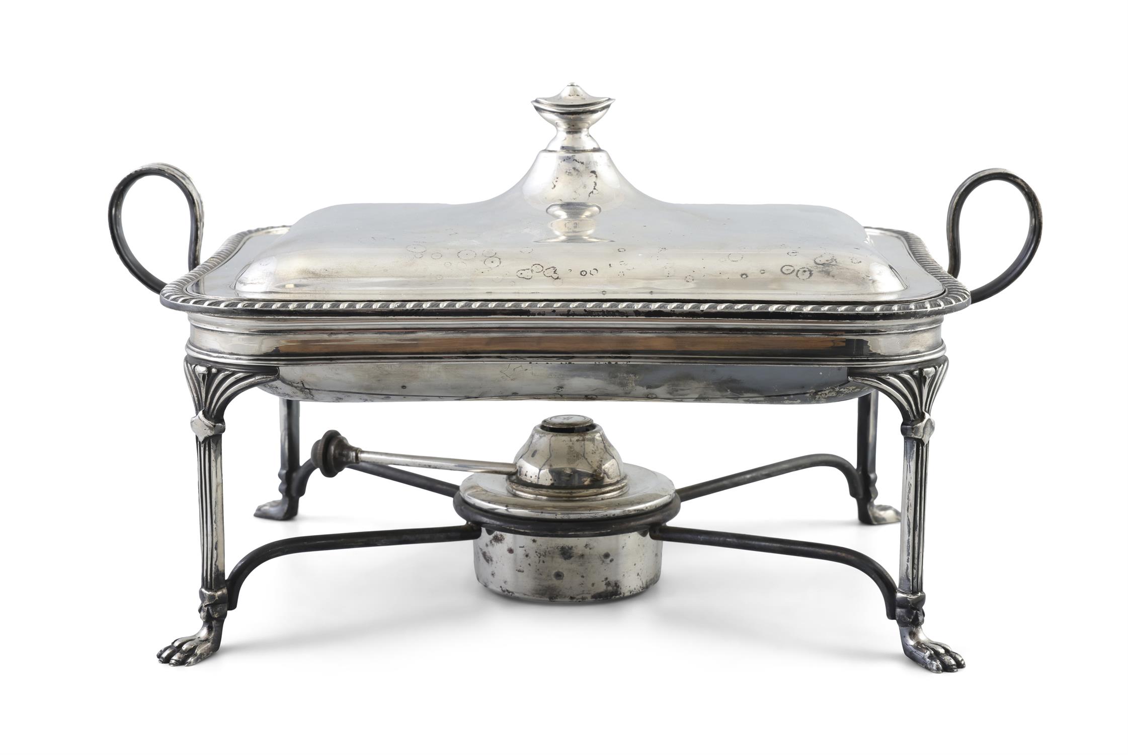 A SILVER-PLATED CHAFING DISH the cover fitted with urn shaped handle, the oblong dish with