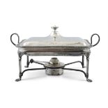 A SILVER-PLATED CHAFING DISH the cover fitted with urn shaped handle, the oblong dish with