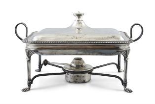 A SILVER-PLATED CHAFING DISH the cover fitted with urn shaped handle, the oblong dish with