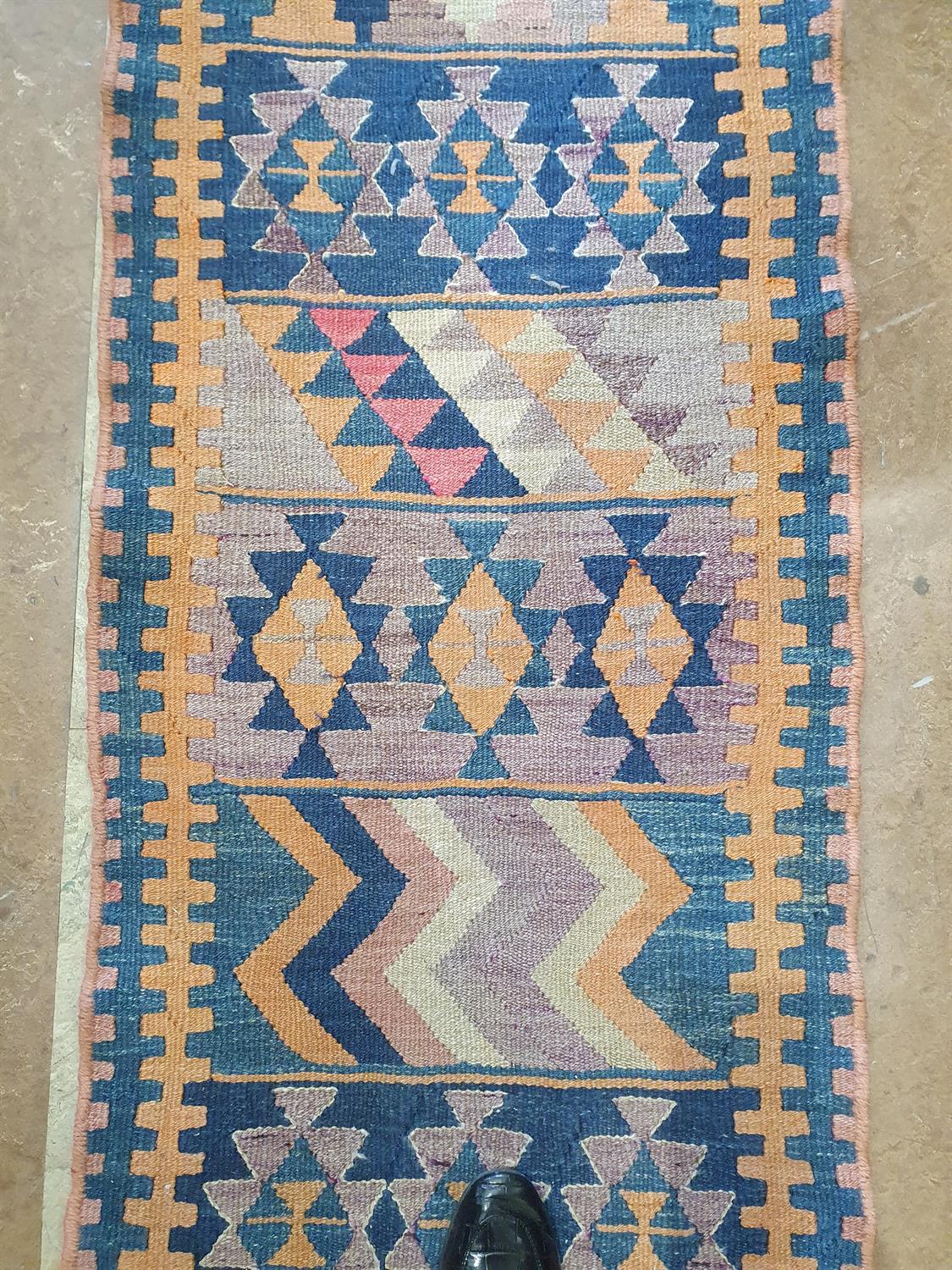 A FLAT-WOVEN KILIM RUNNER, CA. 1940s, 238 x 56cm the central reserve woven with thirteen rows of - Image 9 of 12