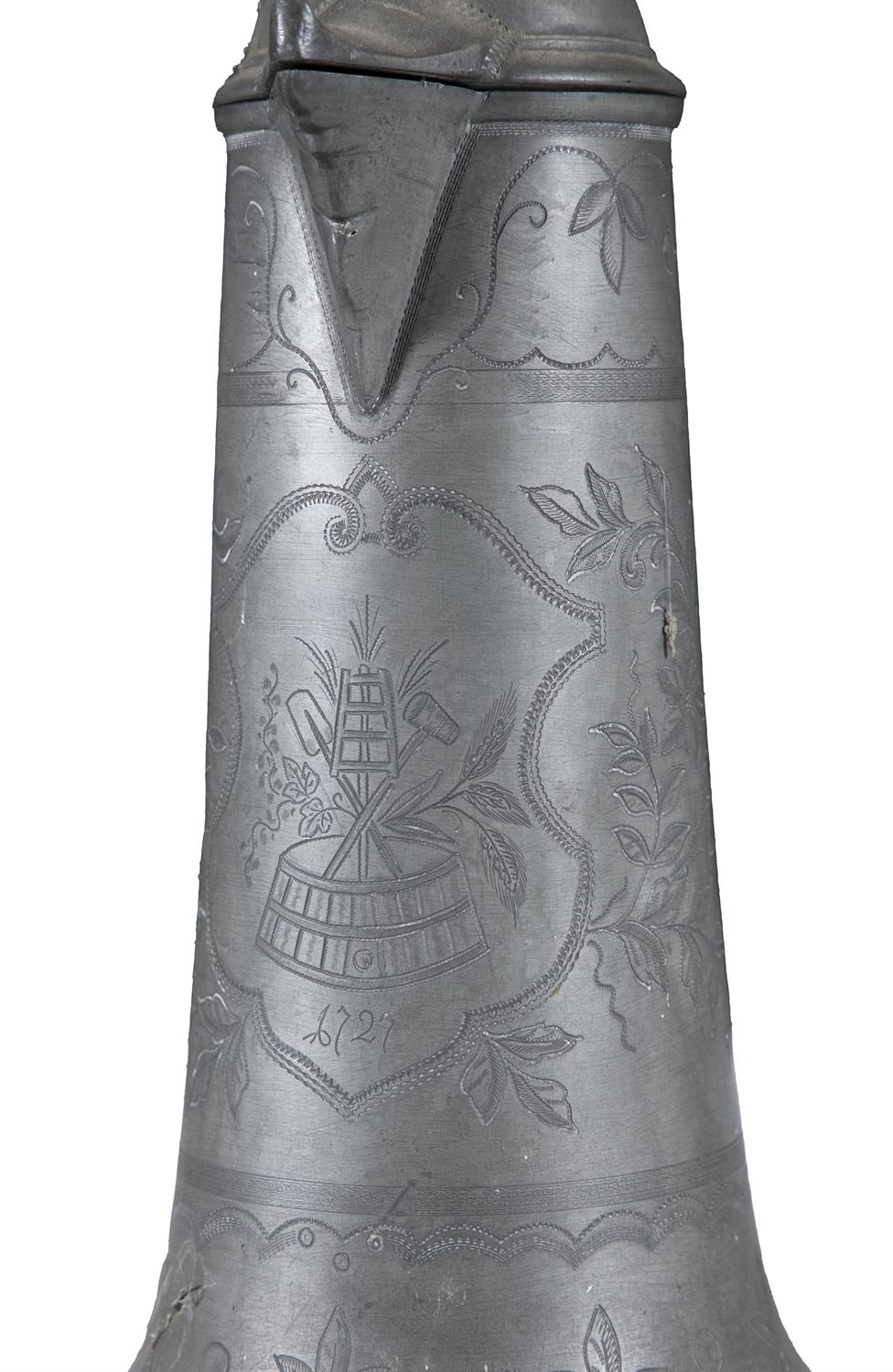 AN ENGRAVED PEWTER FLAGON, 19TH CENTURY 36cm high, a circular charger, stamped 'Townsend - Image 2 of 10