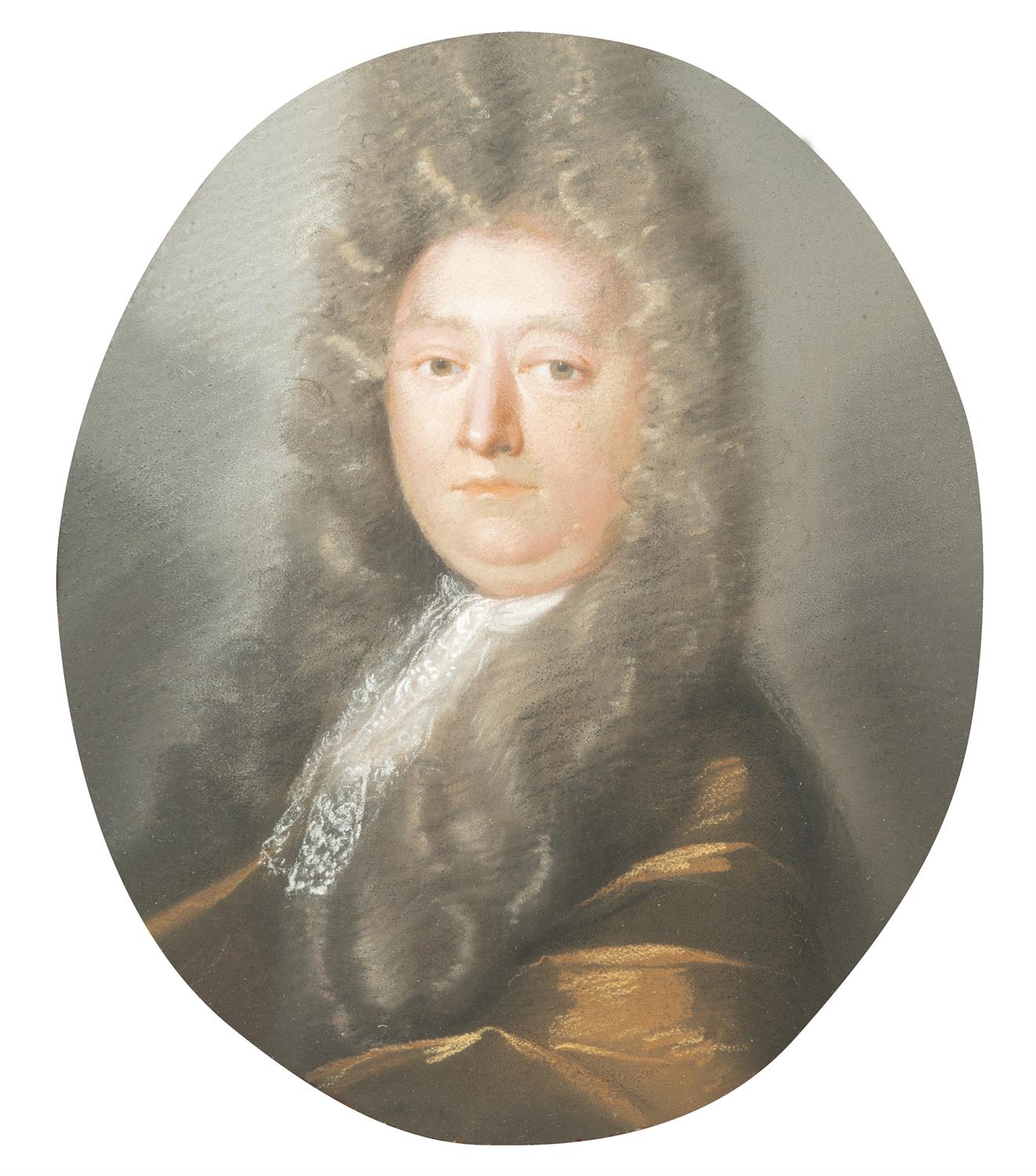 EDWARD LUTTRELL (c.1650-1710) Portrait of a Wigged Gentleman, half-length, wearing brown robes and - Image 2 of 3