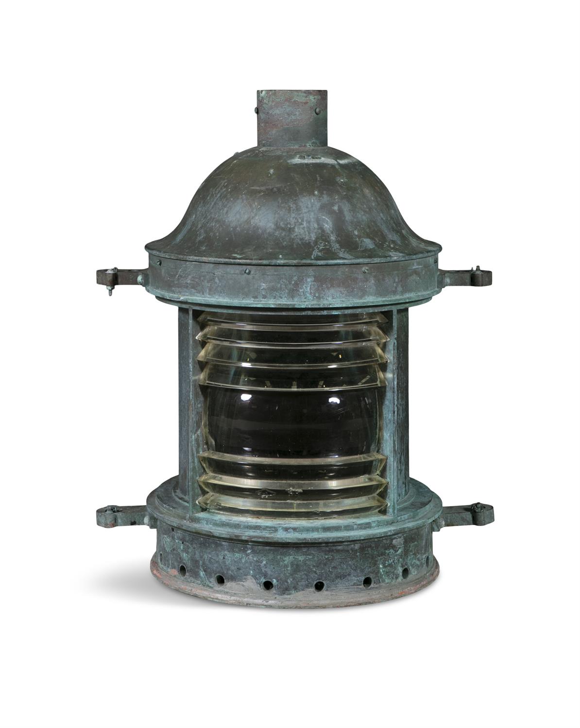 A COPPER NAUTICAL LANTERN, 19TH CENTURY with domed top and rounded fresnel glass panel,