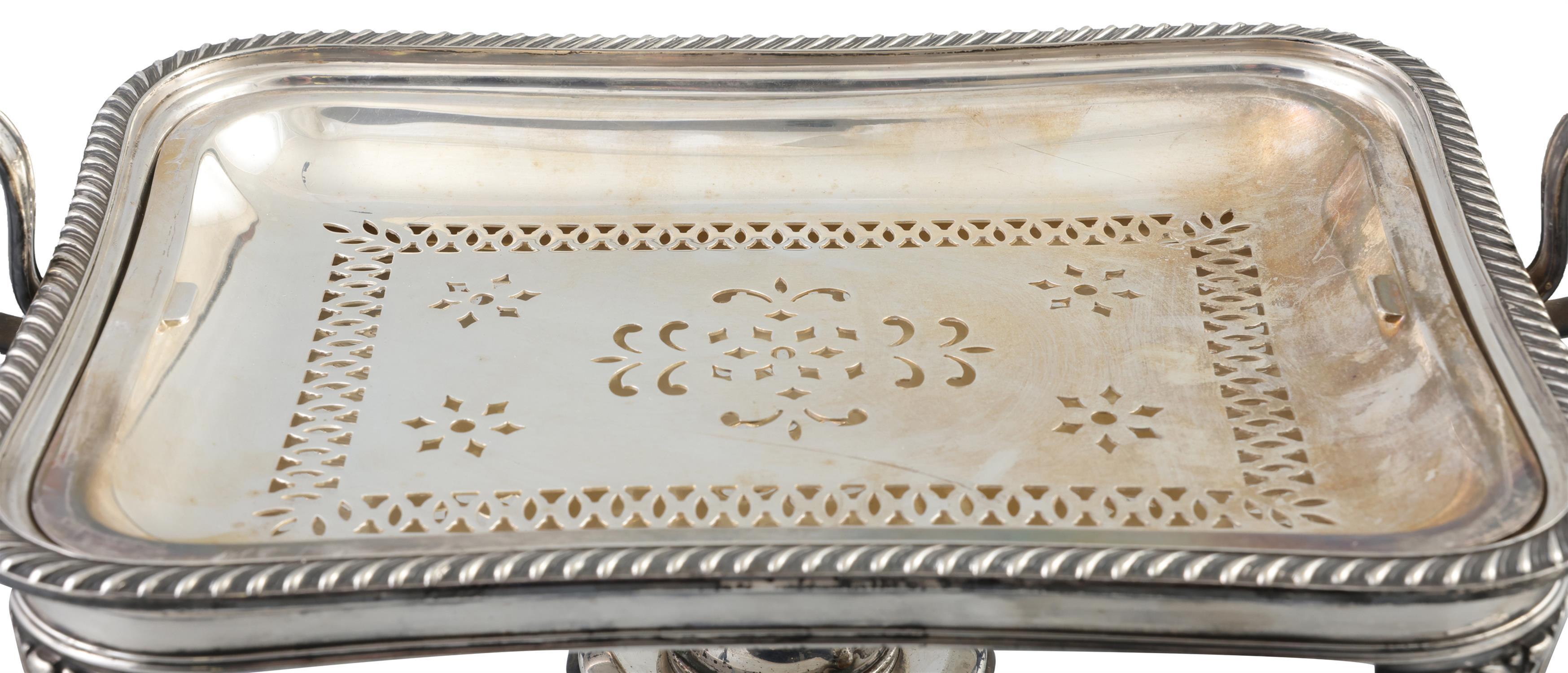 A SILVER-PLATED CHAFING DISH the cover fitted with urn shaped handle, the oblong dish with - Image 2 of 2