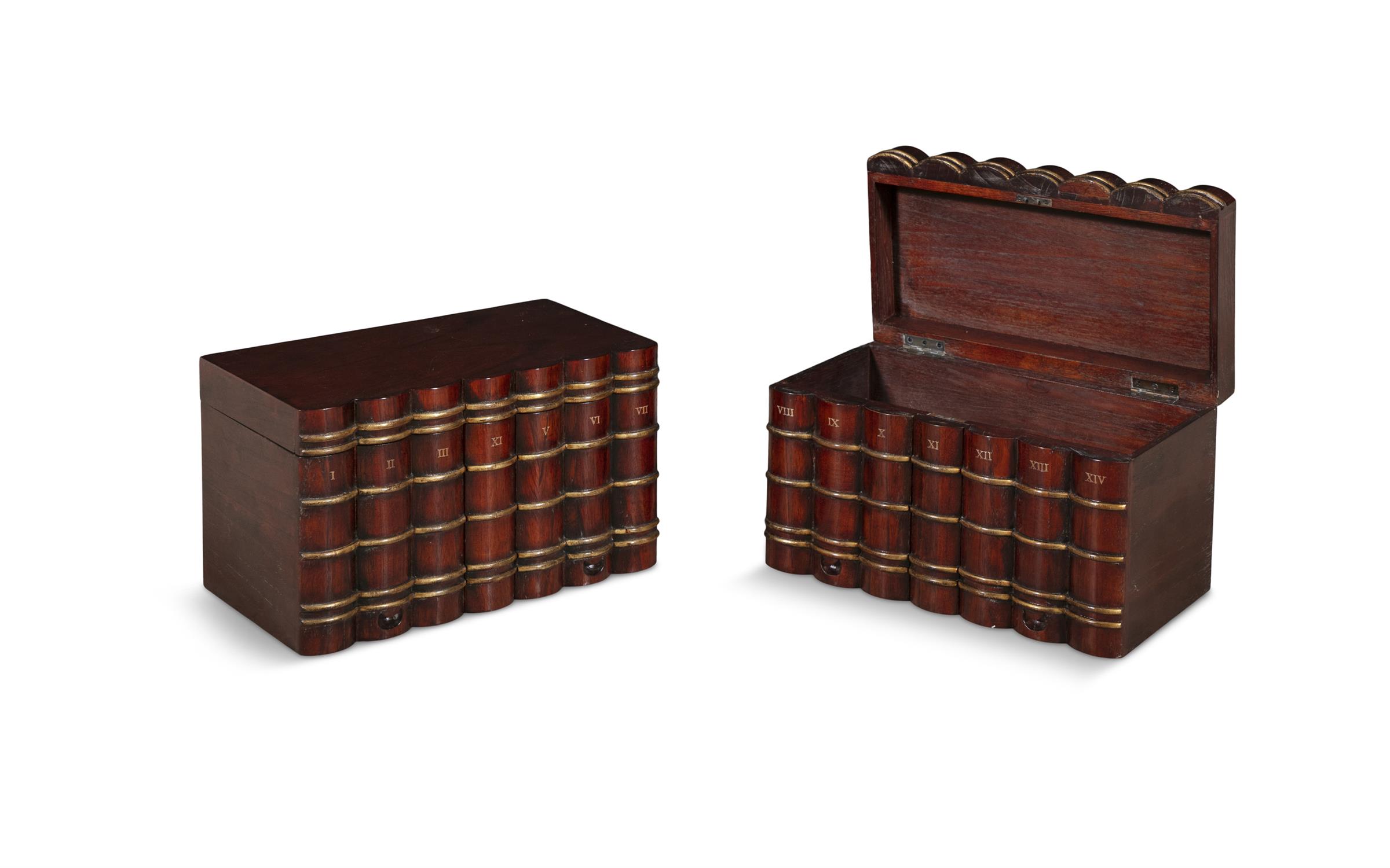 AN UNUSUAL PAIR OF NOVELTY LIBRARY STORAGE BOXES, EARLY 19TH CENTURY in mahogany and parcel gilt, - Image 2 of 15