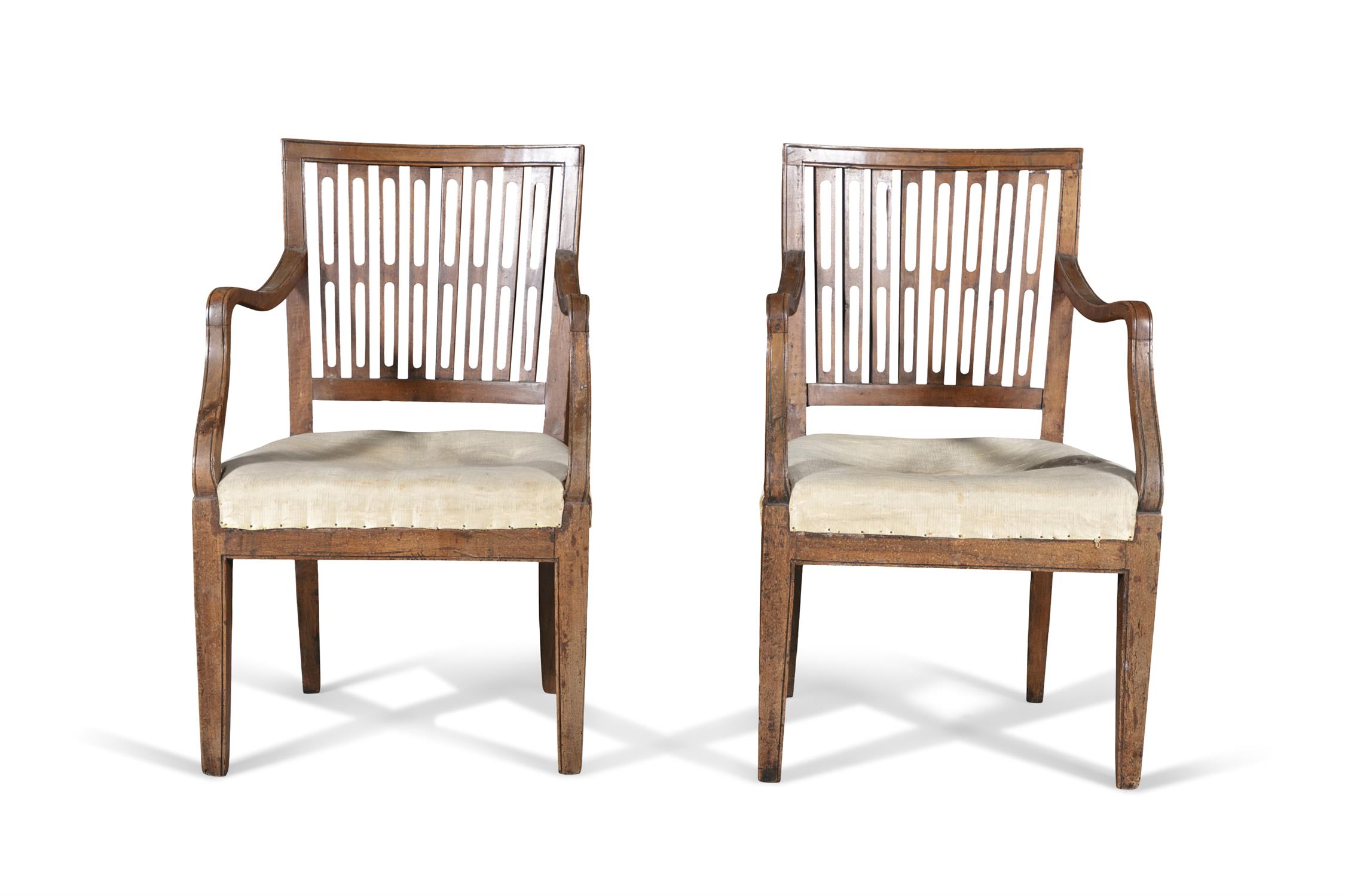 A PAIR OF GEORGE III MAHOGANY OPEN ARMCHAIRS, LATE 18TH CENTURY, the square backs filled with - Image 2 of 5