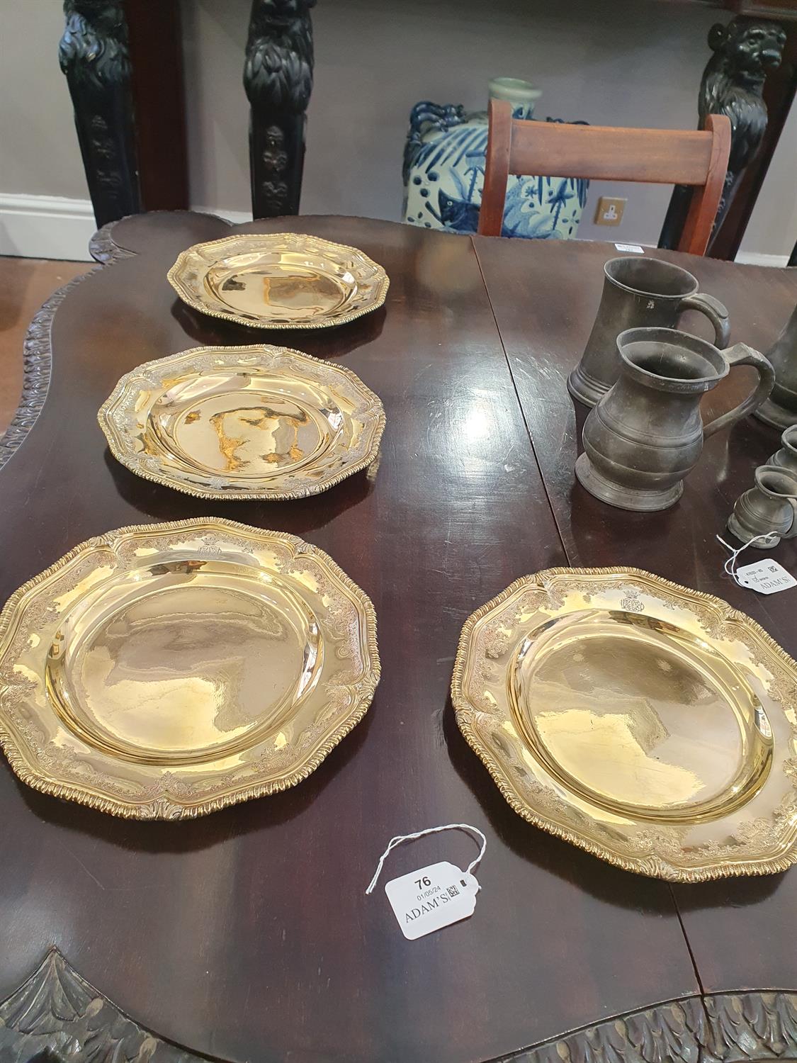 A SET OF FOUR GEORGE II SILVER GILT DINNER PLATES, London 1729, of shaped circular form, - Image 5 of 21