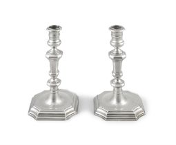 A PAIR OF DUTCH 18TH CENTURY SILVER CANDLESTICKS, The Hague, c.1740, makers mark 'I I' in an