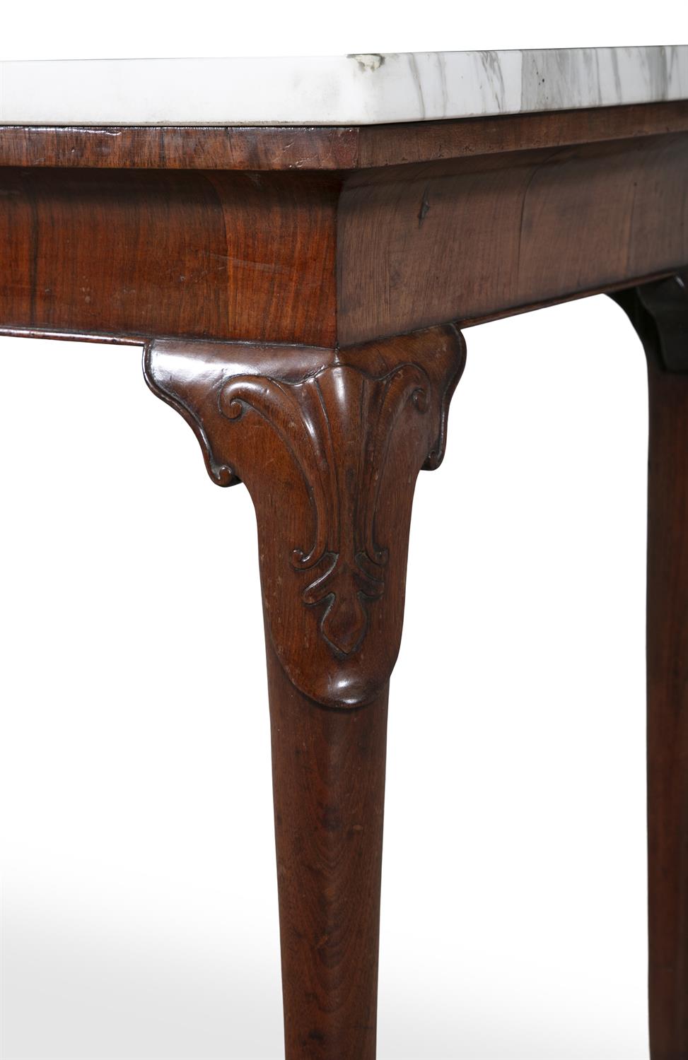 A GEORGE I WALNUT RECTANGULAR SIDE TABLE, C.1720 the white marble top on a tapering plain frieze - Image 3 of 3