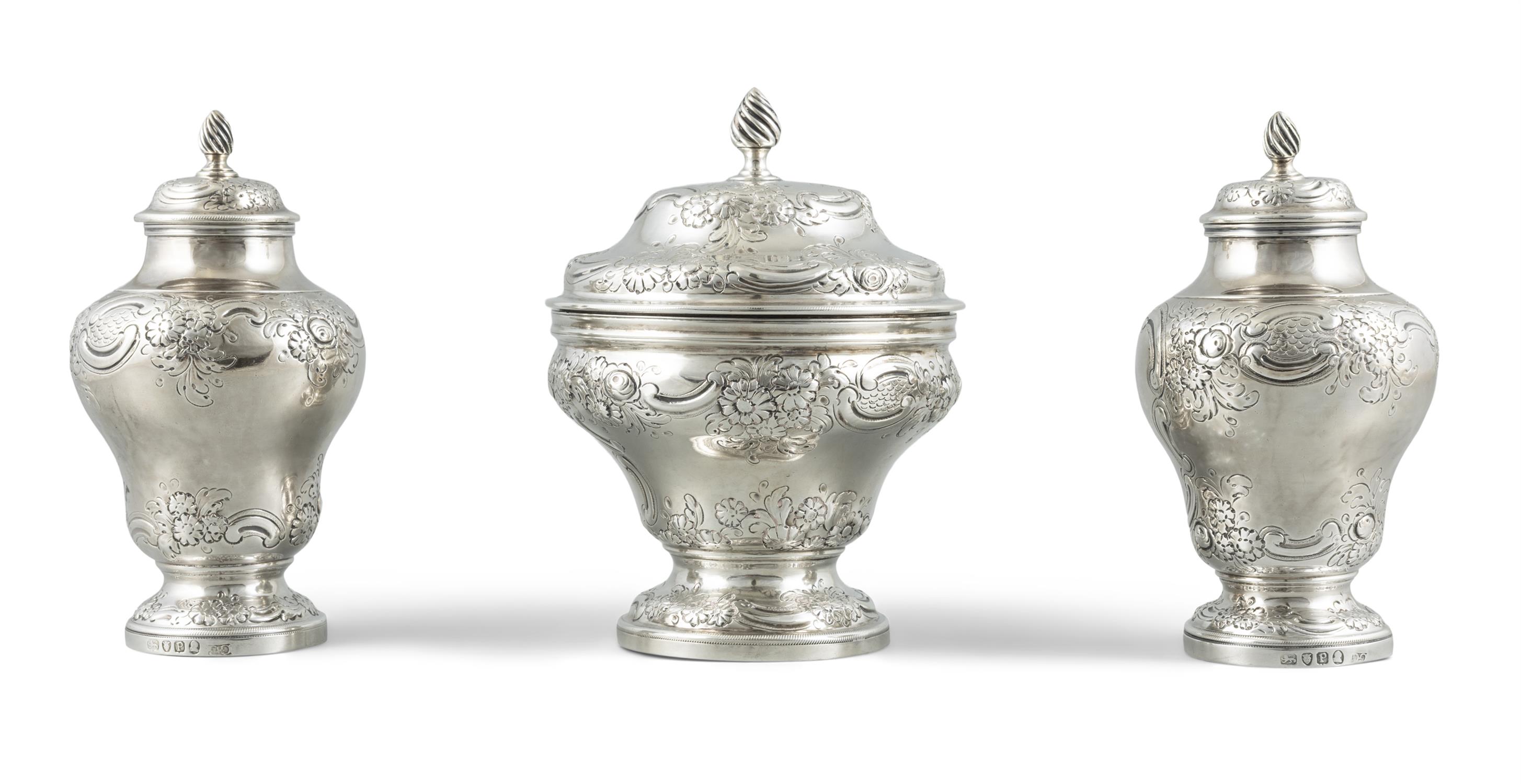 A SUITE OF GEORGE III SILVER TEA CADDIES AND MATCHING MIXING BOWL AND LID, London 1790,