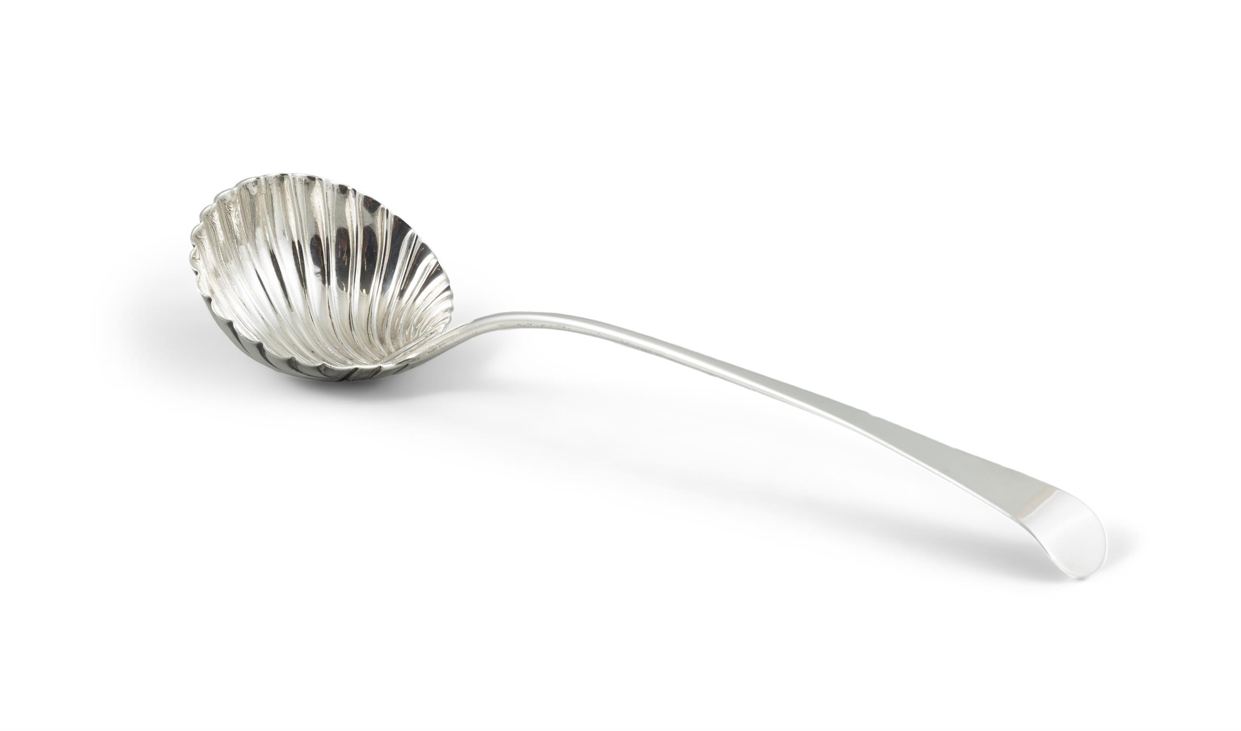 A GEORGE III SILVER SOUP LADLE, London c. 1760, with plain taper handle and scallop shell bowl