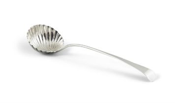 A GEORGE III SILVER SOUP LADLE, London c. 1760, with plain taper handle and scallop shell bowl