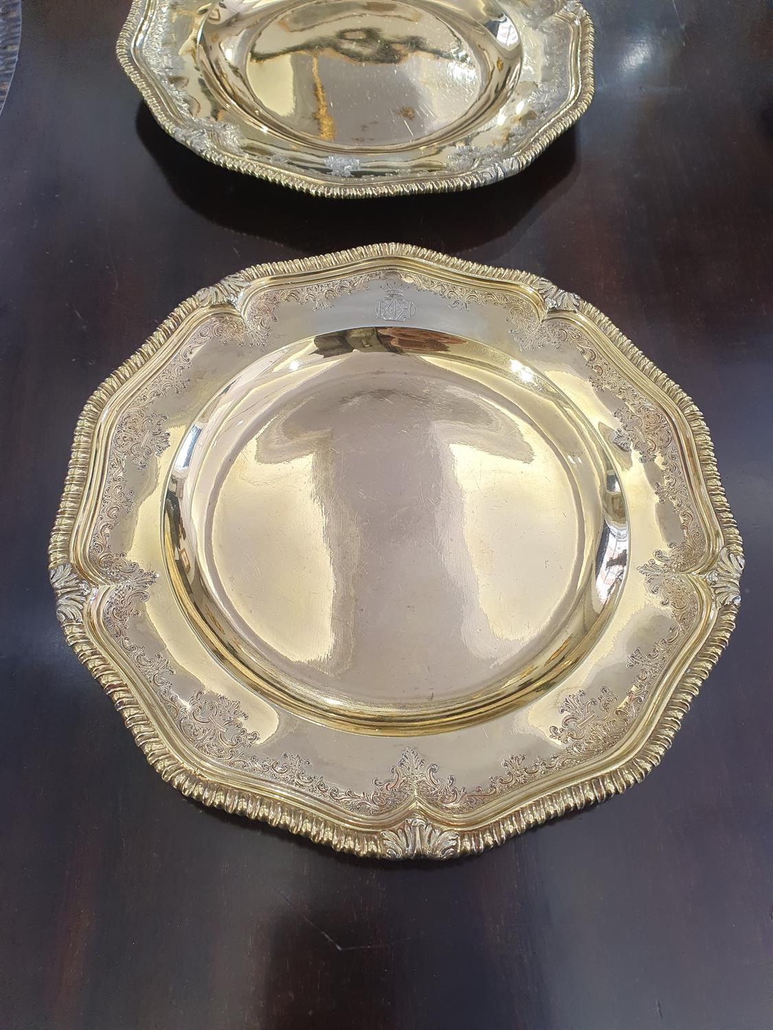 A SET OF FOUR GEORGE II SILVER GILT DINNER PLATES, London 1729, of shaped circular form, - Image 4 of 21