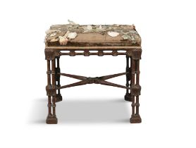 A "CHINESE CHIPPENDALE" UPHOLSTERED MAHOGANY STOOL, 19TH CENTURY with intricately carved