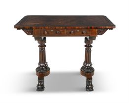 A WILLIAM IV ROSEWOOD WRITING TABLE, the rectangular crossbanded top inset with brown tooled