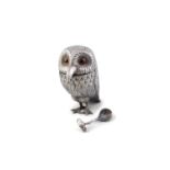 A SILVER OWL MUSTARD POT London 1958, mark of Heming & Co Ltd, spoon with mark of William