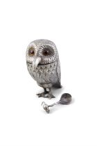 A SILVER OWL MUSTARD POT London 1958, mark of Heming & Co Ltd, spoon with mark of William