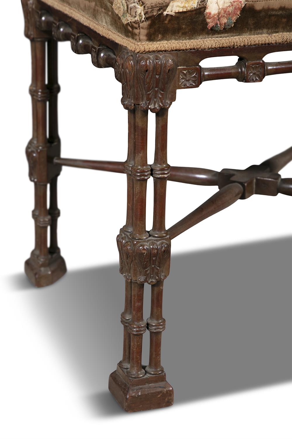 A "CHINESE CHIPPENDALE" UPHOLSTERED MAHOGANY STOOL, 19TH CENTURY with intricately carved - Image 4 of 5