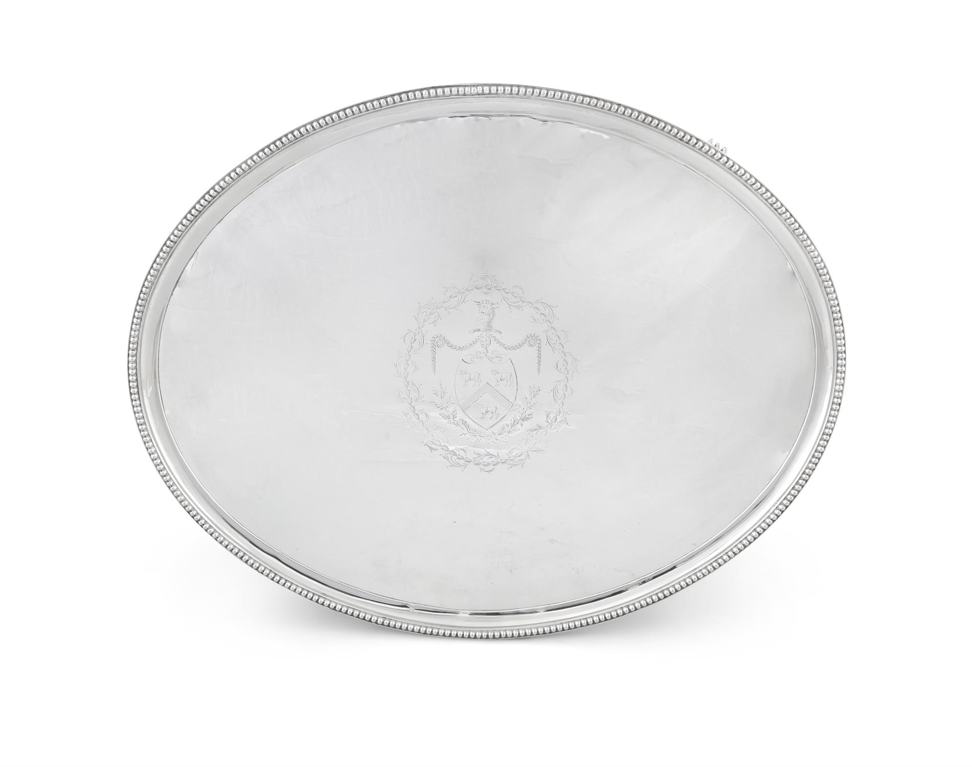 A GEORGE III SILVER TRAY London c.1785, mark of Edward Jay, of oval form, with beaded rim,